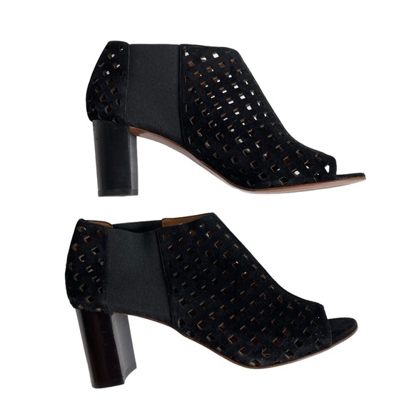 Aquatalia Shari Perforated Open Toe Suede Boots Size 10 Black Block Heel - Picture 6 of 10